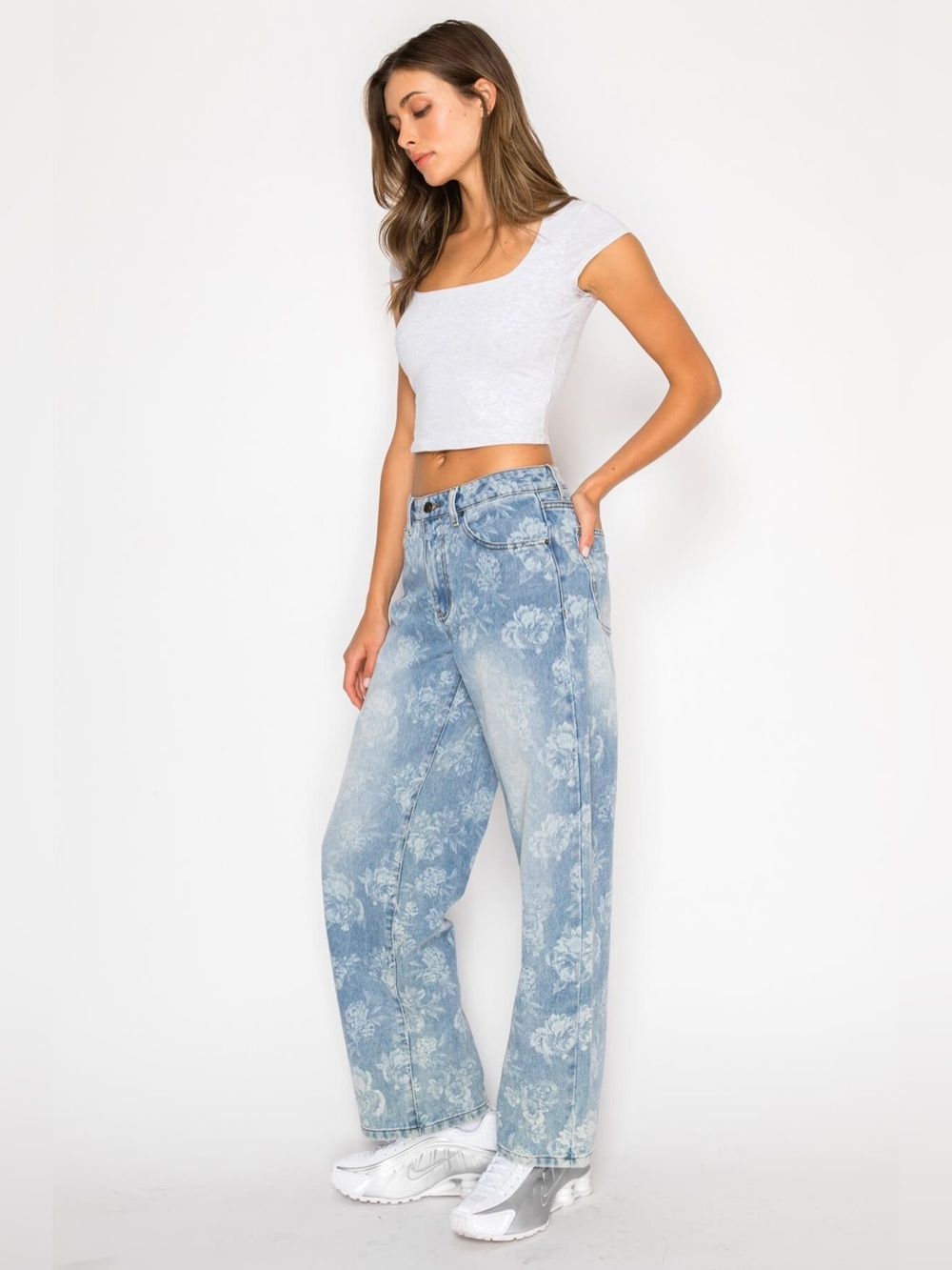Cali1850 Tonal Floral Print Low Jeans